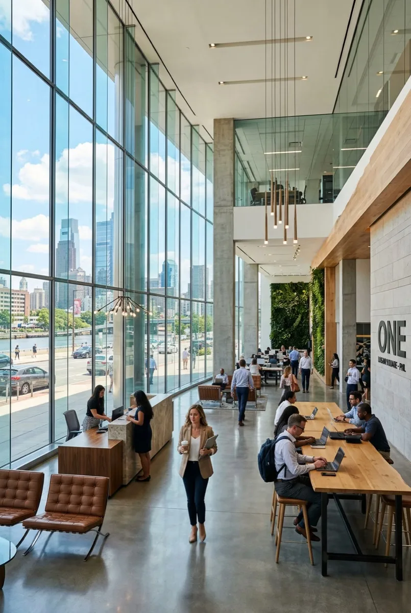 Heat-blocking solar control window film on a Philadelphia commercial building, absorbing and reflecting solar energy before it enters the glass