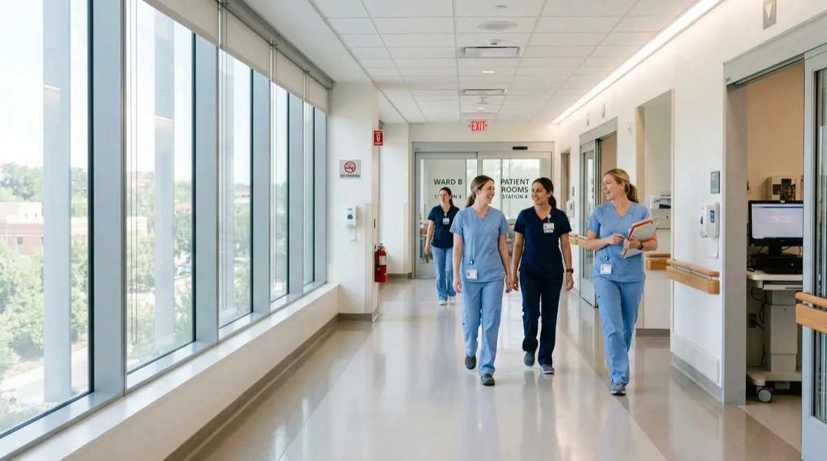 Hospital corridor with soft controlled natural light through treated glass, nurses at station