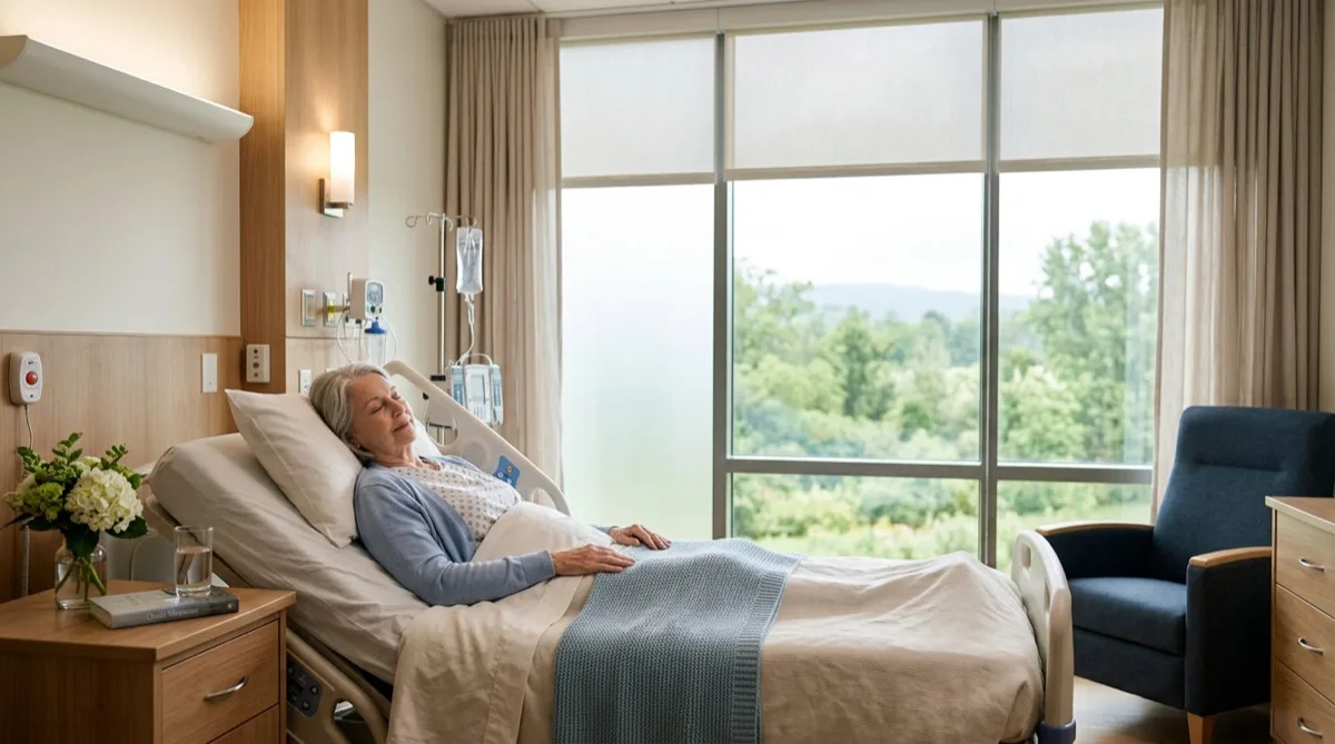 Hospital patient room with soft filtered healing light through treated windows, Philadelphia