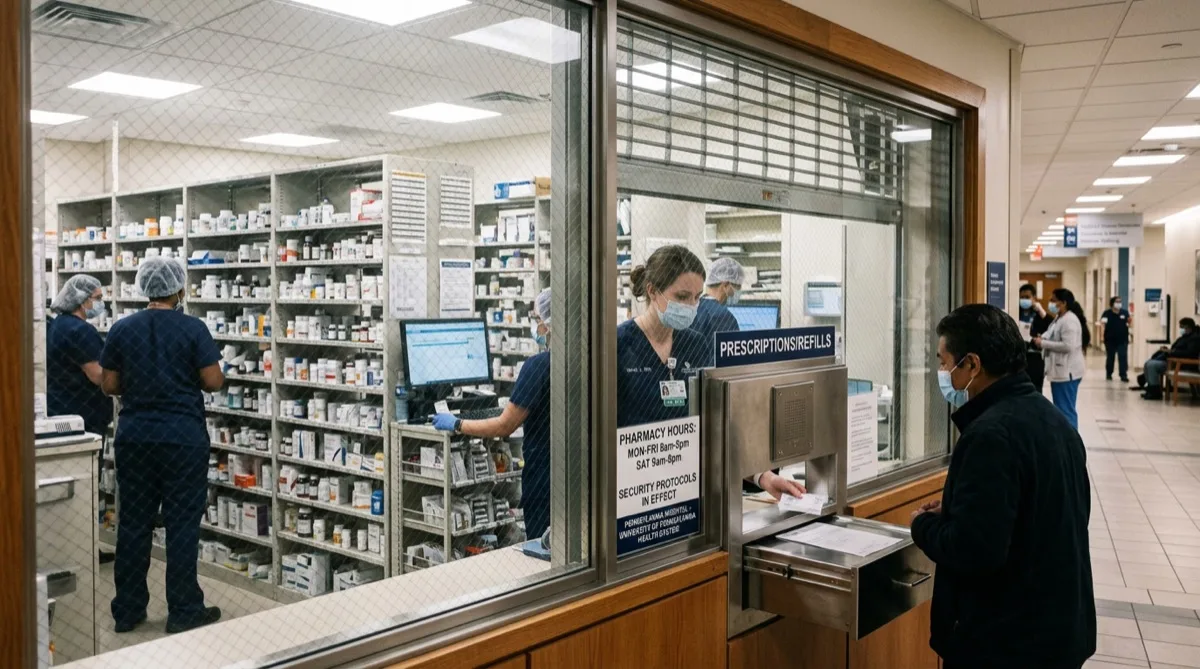 Hospital pharmacy window with security film, professional secure clinical environment
