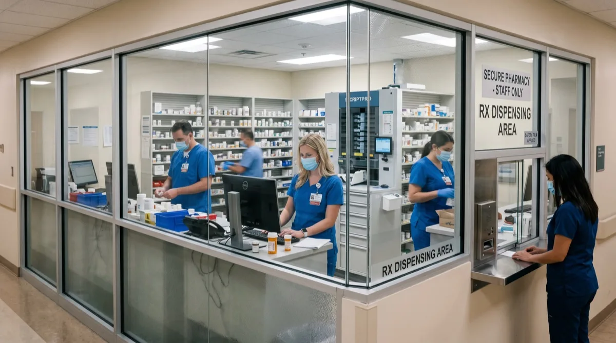 Safety and security film on hospital pharmacy glazing