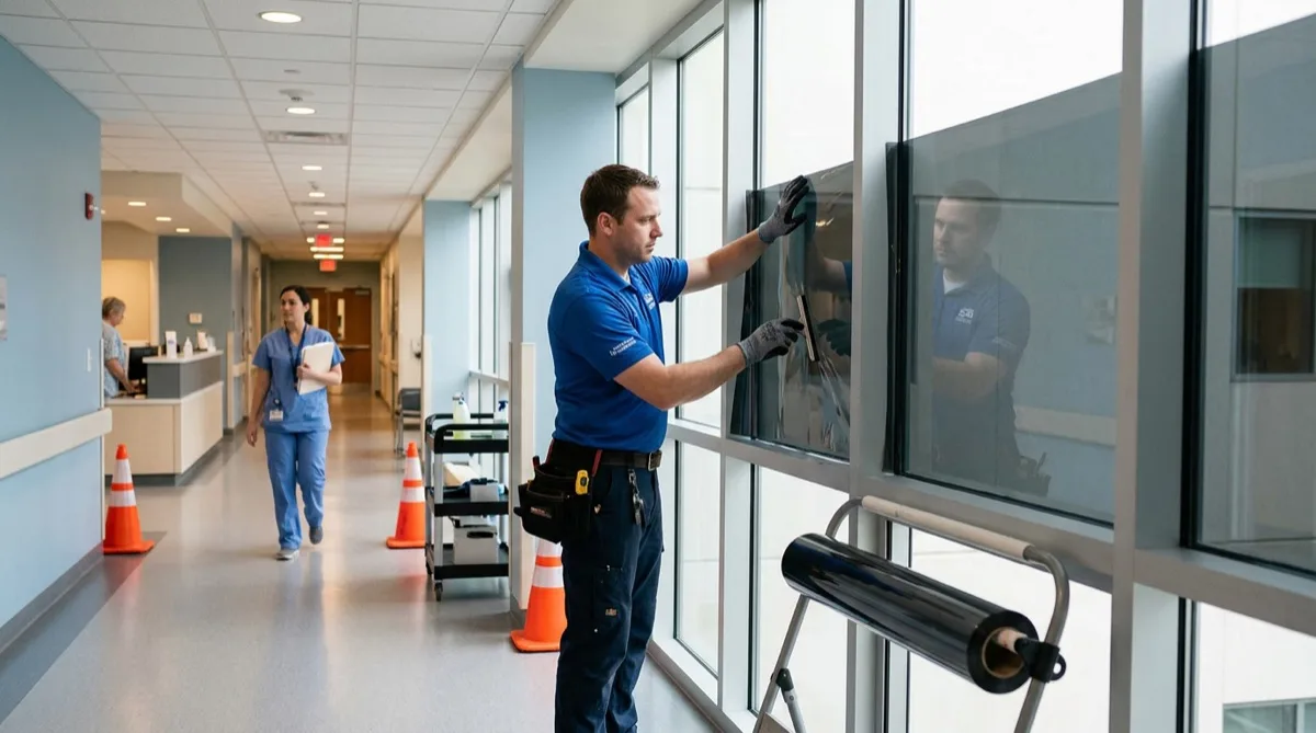 Healthcare facility glass with professionally installed hospital window film in Philadelphia
