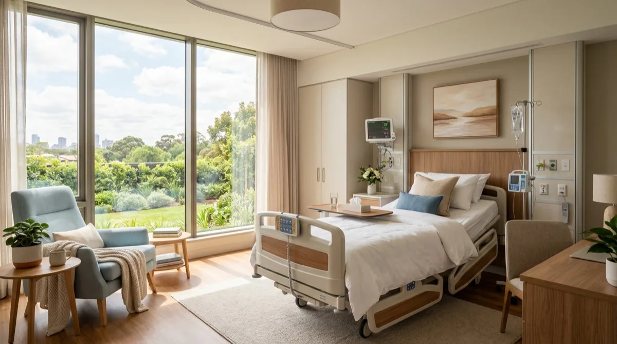 Bright modern patient room with beautiful filtered healing light through treated glass