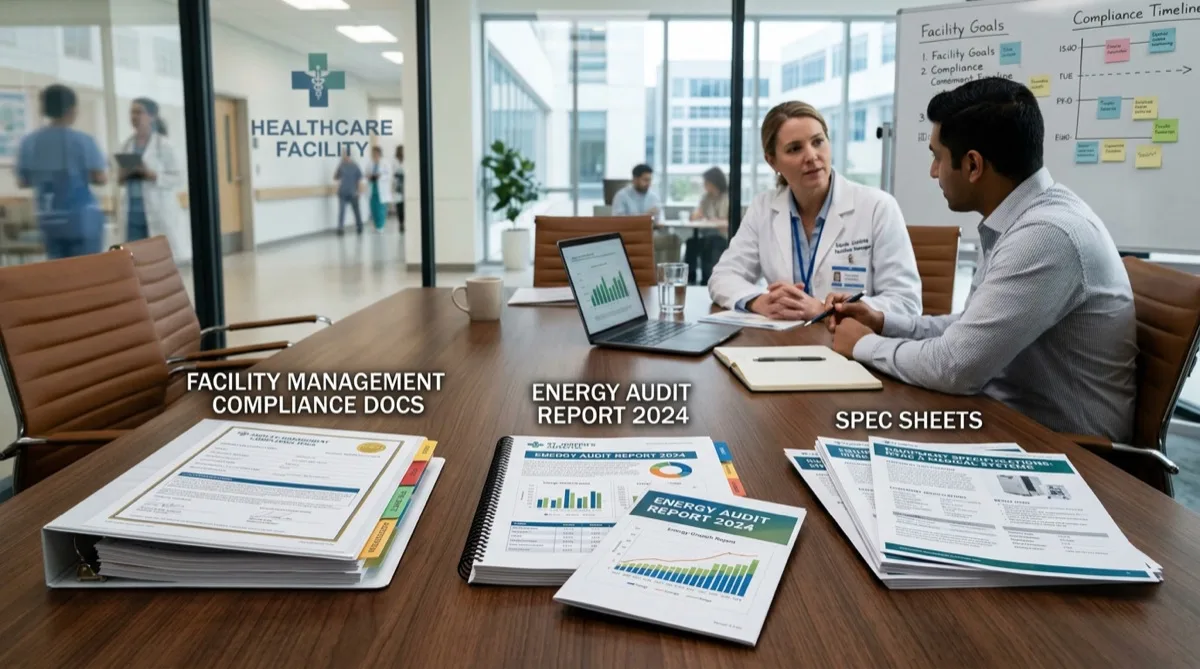 Healthcare facilities team reviewing hospital window film specifications and product data