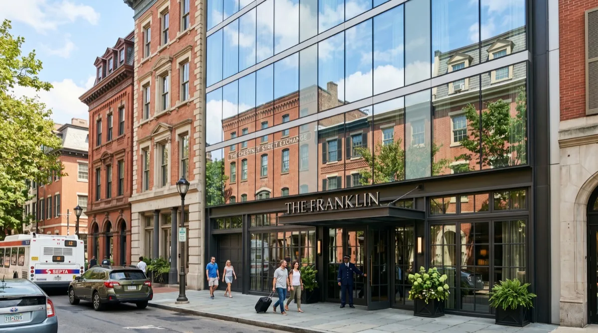 Philadelphia boutique hotel exterior with window film — energy-efficient reflective glass, historic building, Center City street view