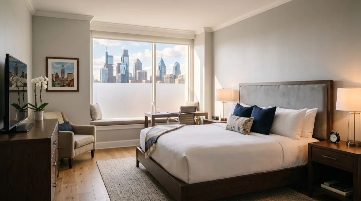 Philadelphia hotel guest room after hotel window film installation — city view preserved, afternoon light comfortable, no blackout curtains needed