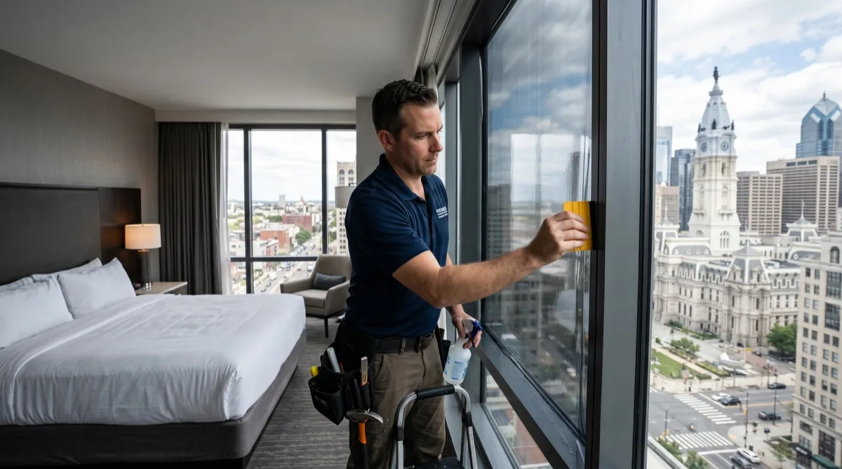Certified window film technician installing hotel window film in Philadelphia guest room — phased installation around hotel occupancy