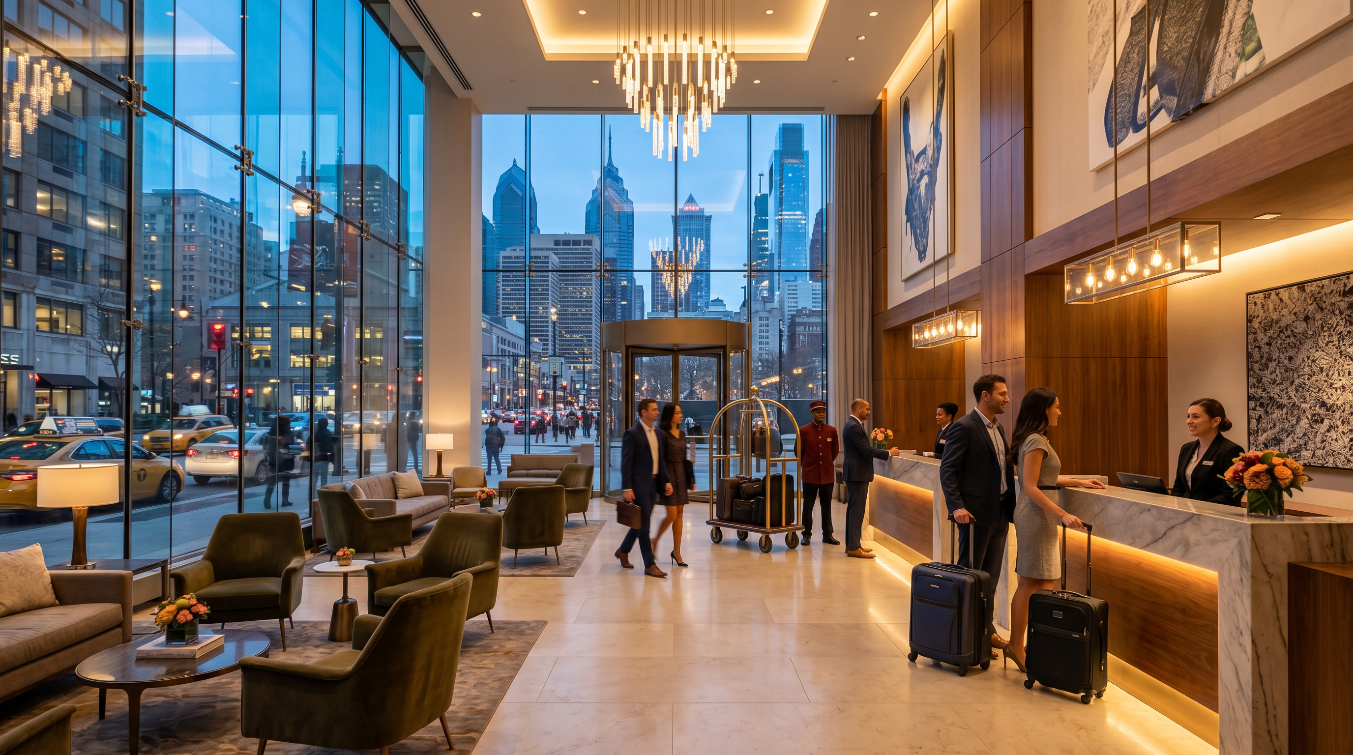 Hotel window film installed in Philadelphia Center City hotel lobby — comfortable natural light, no harsh glare at check-in