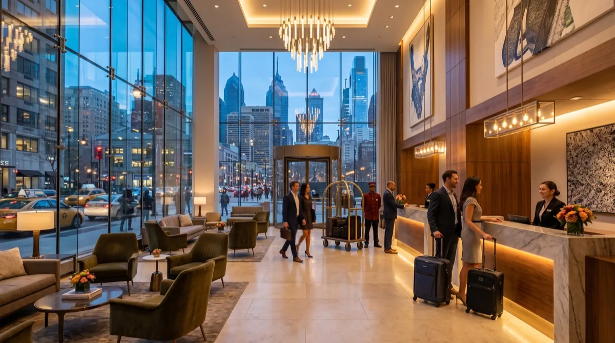 Hotel window film installed in Philadelphia Center City hotel lobby — comfortable natural light, no harsh glare at check-in