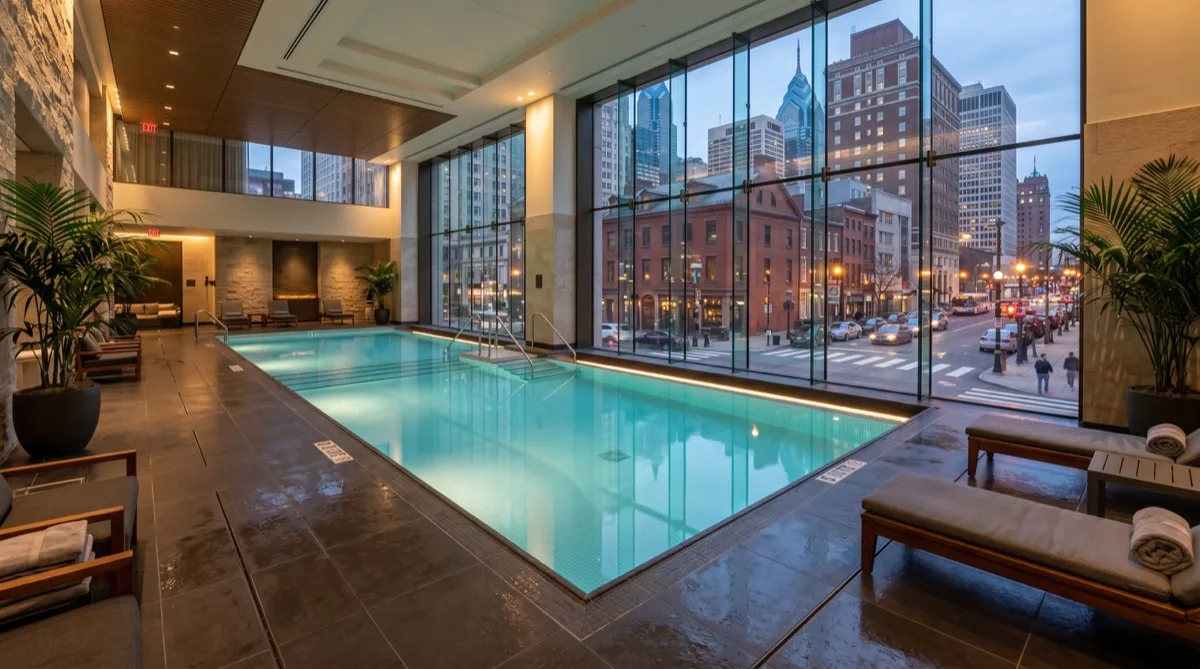 Philadelphia hotel indoor pool and spa with window film — UV protection, comfortable temperature, soft diffused light