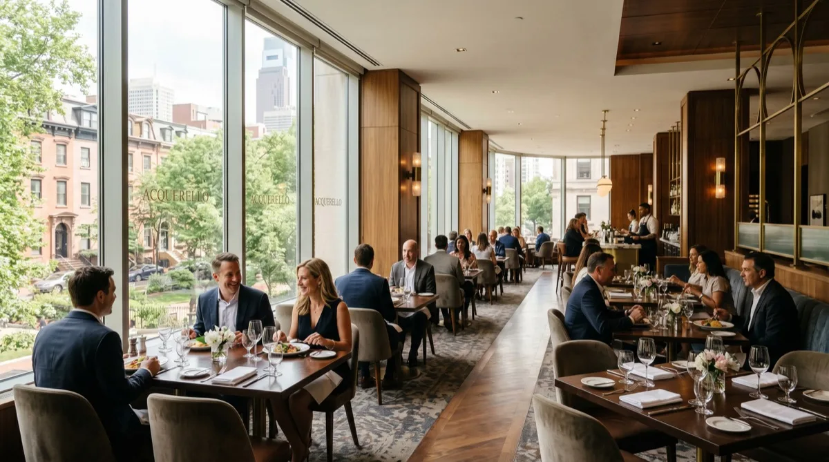 Philadelphia hotel restaurant with solar control window film — comfortable afternoon dining, no harsh window glare on tables