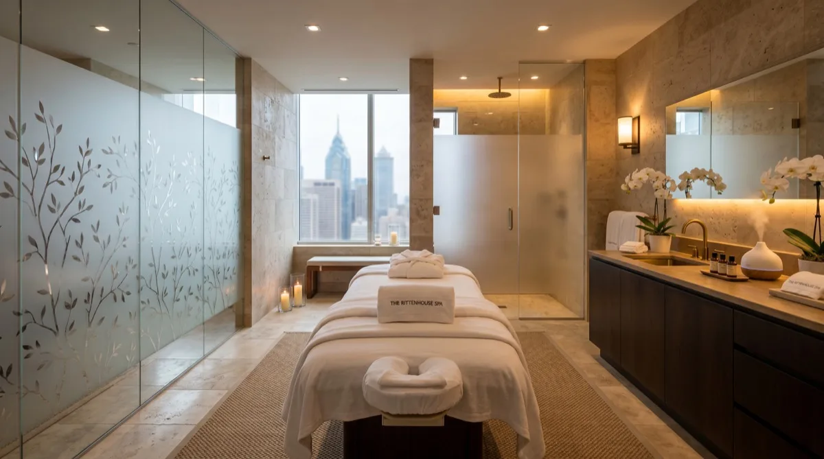 Philadelphia hotel spa with frosted privacy window film — serene treatment rooms, soft diffused light, guest privacy protected
