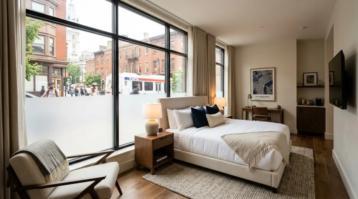 Philadelphia hotel ground-floor guest room with one-way mirror privacy window film — city view visible from inside, private from street