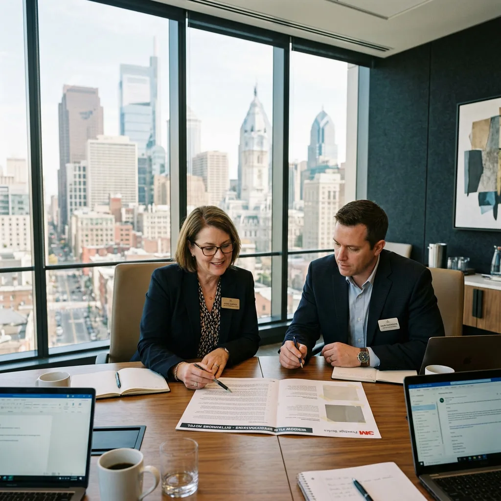 Philadelphia hotel manager reviewing hotel window film specifications and case studies from 3M, LLumar, and Solar Gard