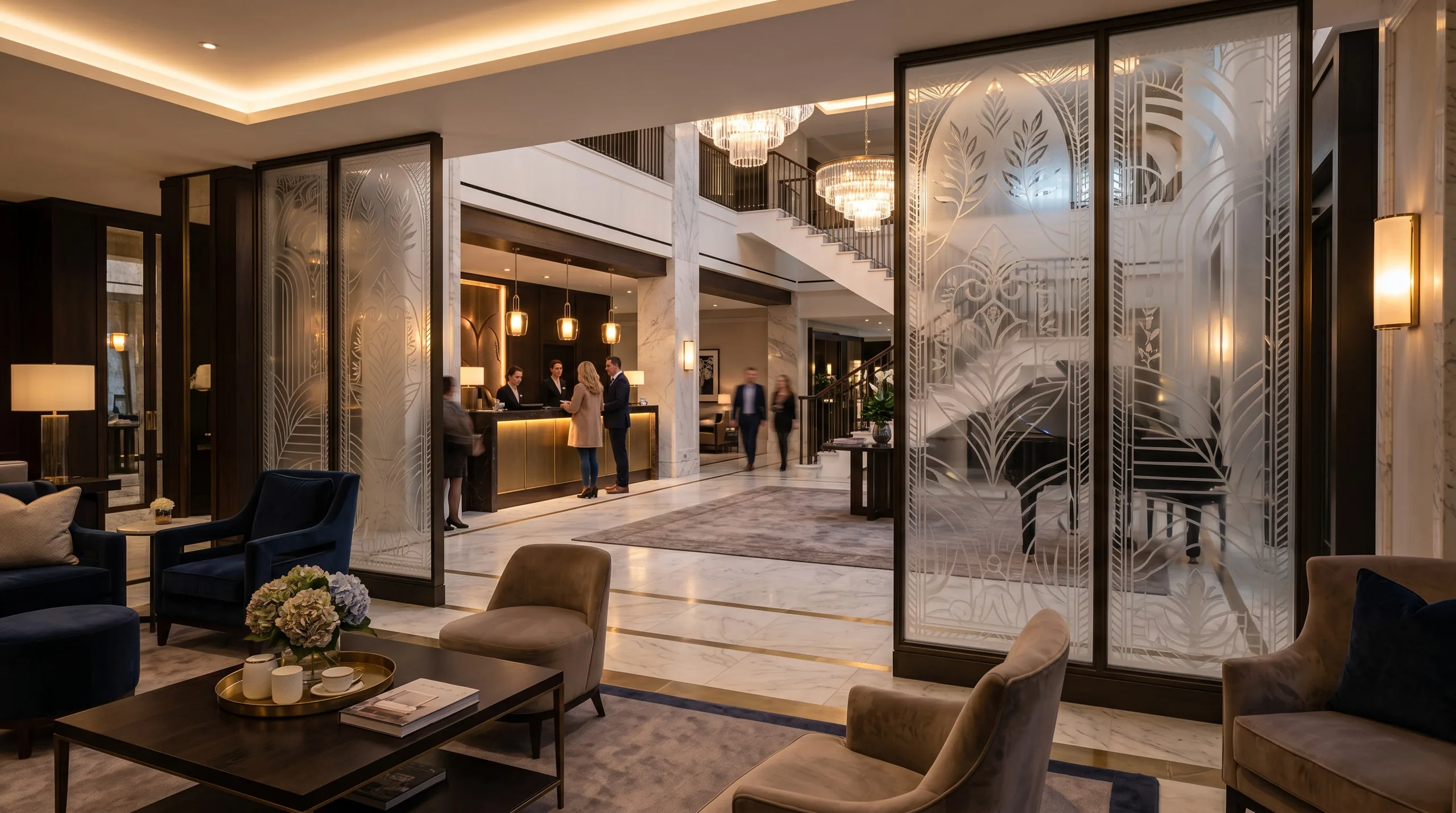 Custom decorative window film in Philadelphia hotel lobby — elegant frosted glass partition panels