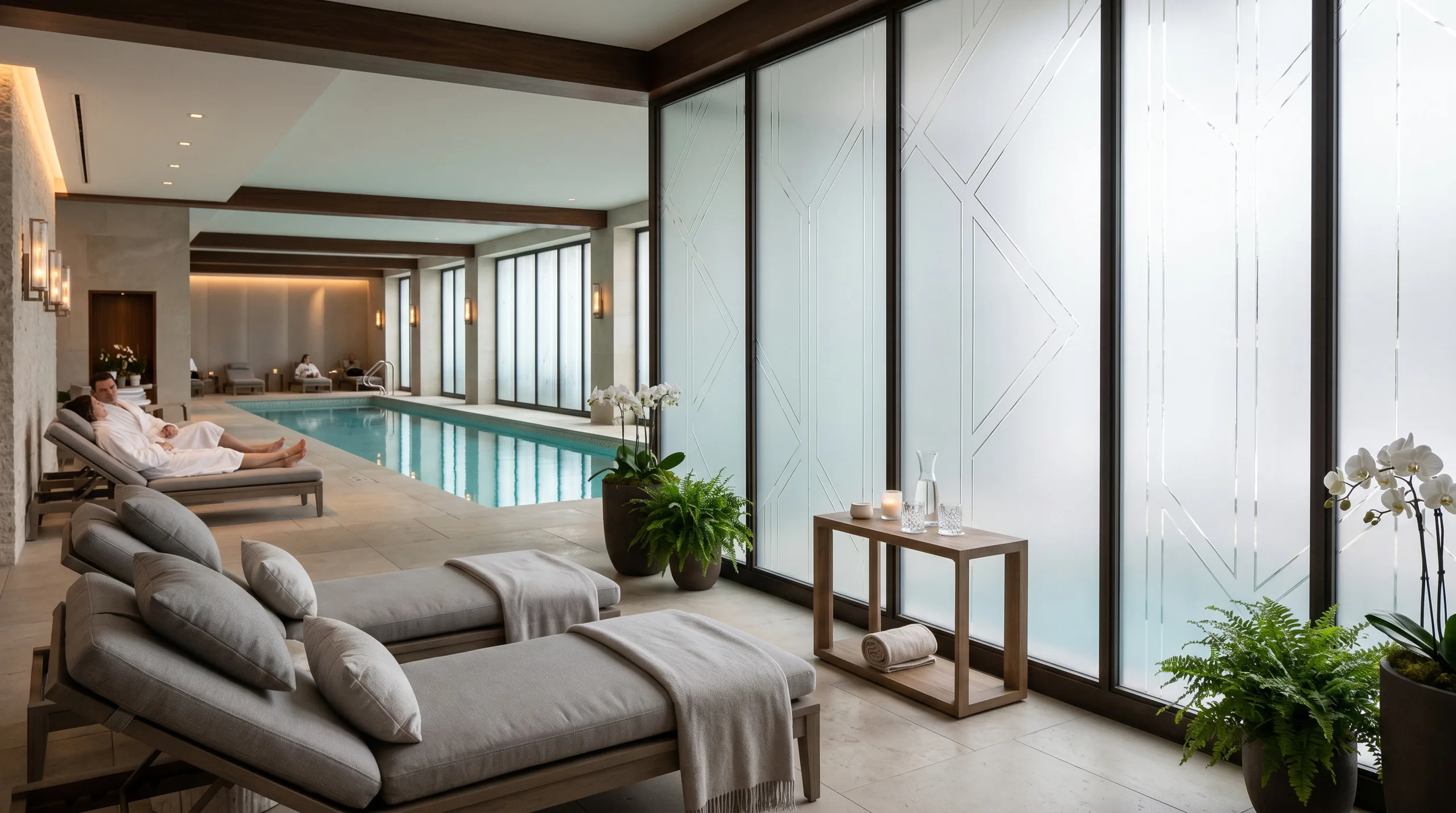 Frosted privacy window film in Philadelphia hotel spa — diffused natural light, guest privacy maintained