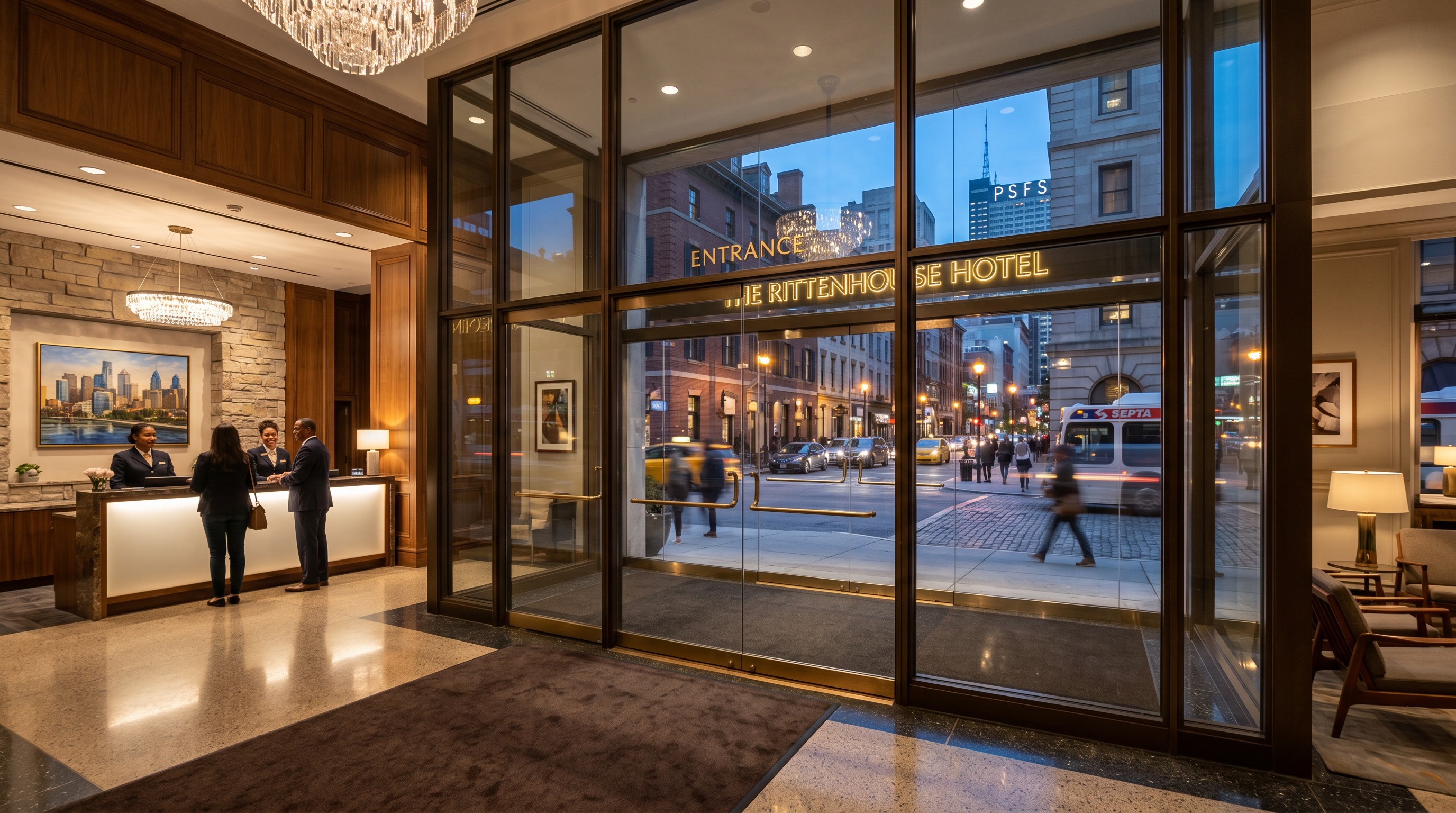 Security window film on Philadelphia hotel lobby entrance glass — clear, impact-resistant protection