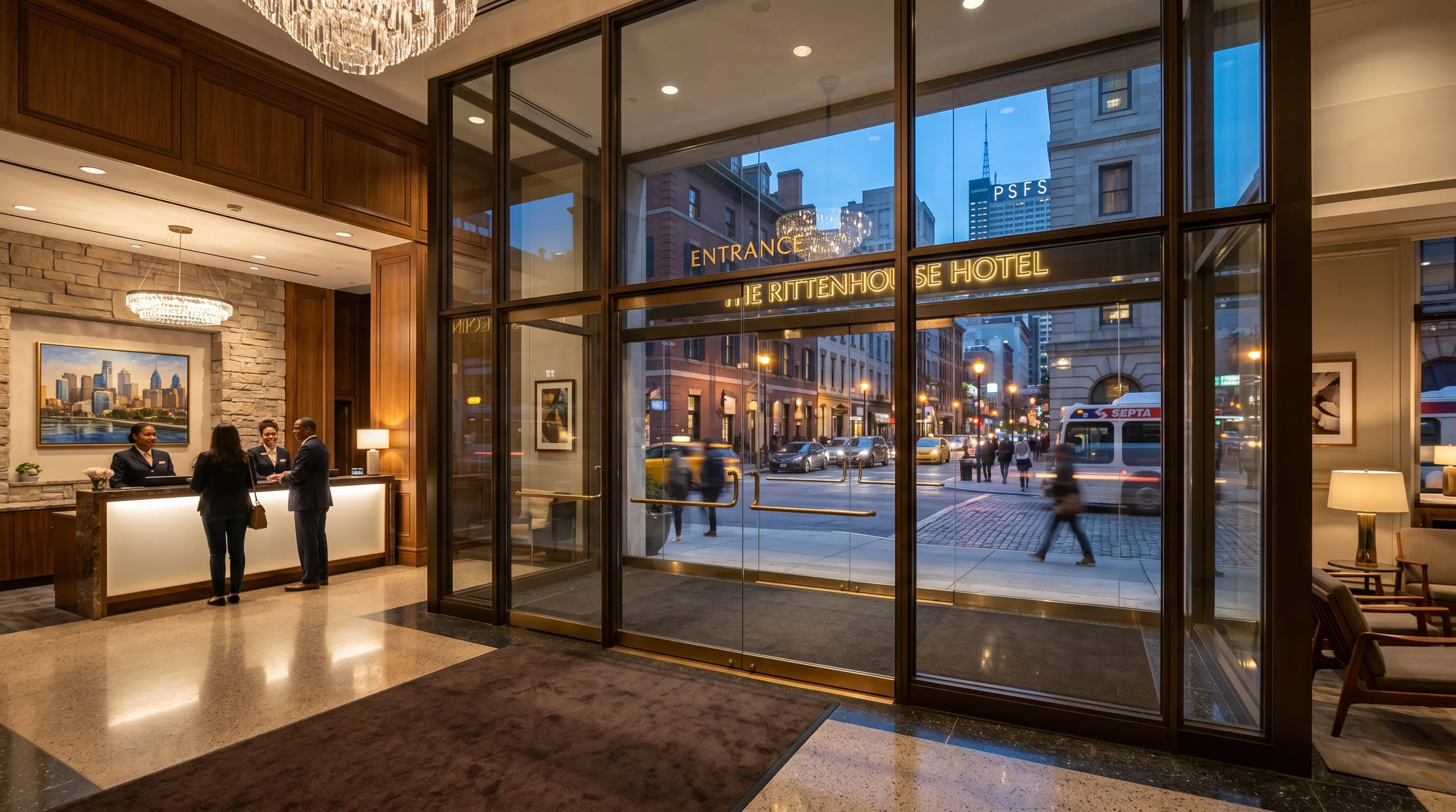 Security window film on Philadelphia hotel lobby entrance glass — clear, impact-resistant protection