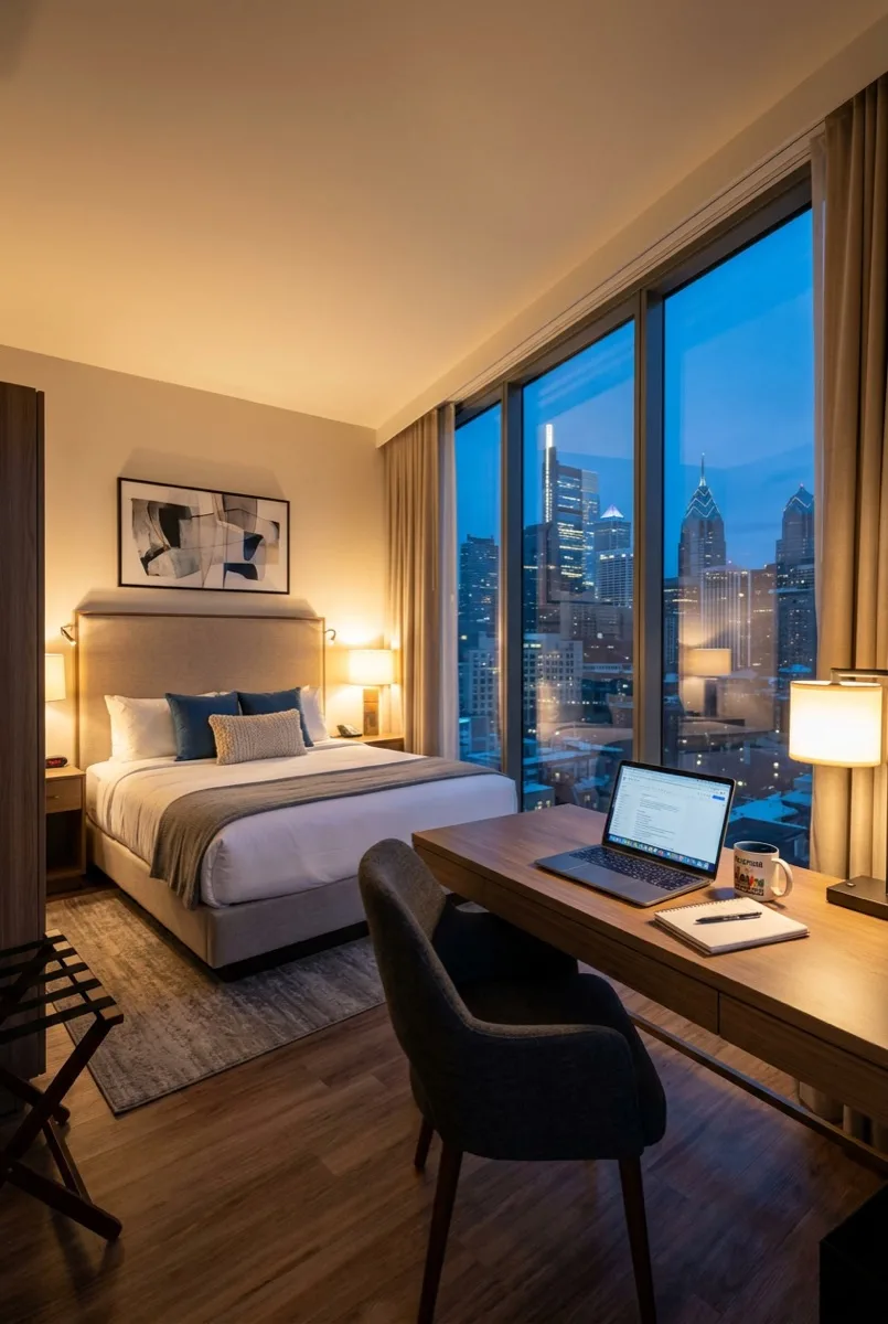 Philadelphia hotel guest room with solar control window film — comfortable temperature, clear views, no glare