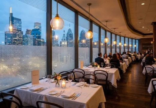 Philadelphia hotel restaurant with window film — comfortable dining, no harsh afternoon glare on tables