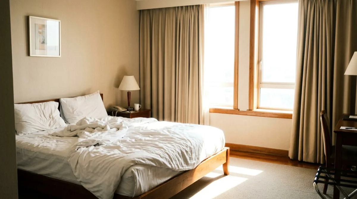 Untreated hotel windows in Philadelphia causing harsh glare and heat in guest room — the problem hotel window film solves
