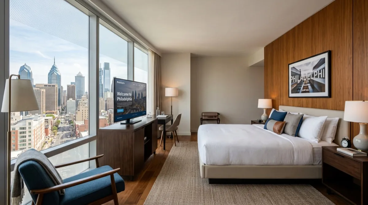 Hotel window film installed in Philadelphia hotel guest room — diffused daylight, comfortable temperature, clear city views