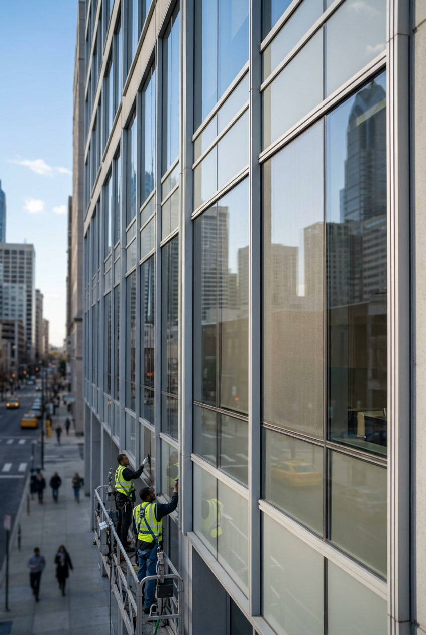 Huper Optik Ceramic Series titanium nitride film on Philadelphia office glass