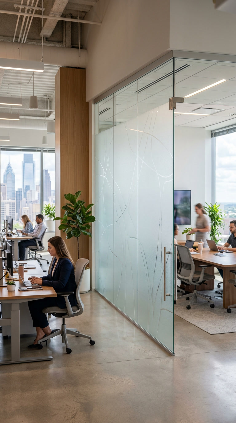Huper Optik Dekorativ frosted decorative window film on Philadelphia office partition