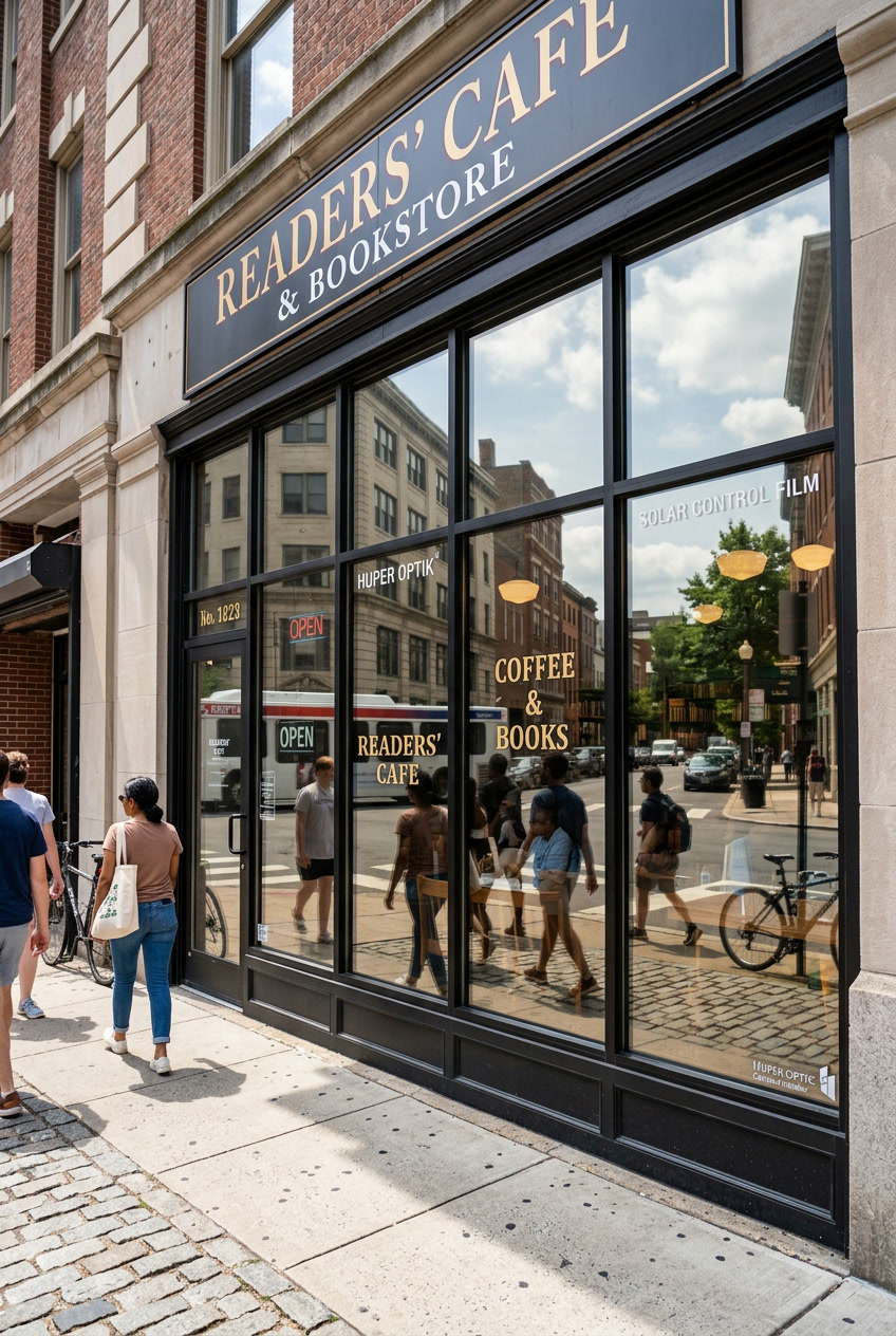 Huper Optik Fusion hybrid ceramic solar control film on Philadelphia retail storefront