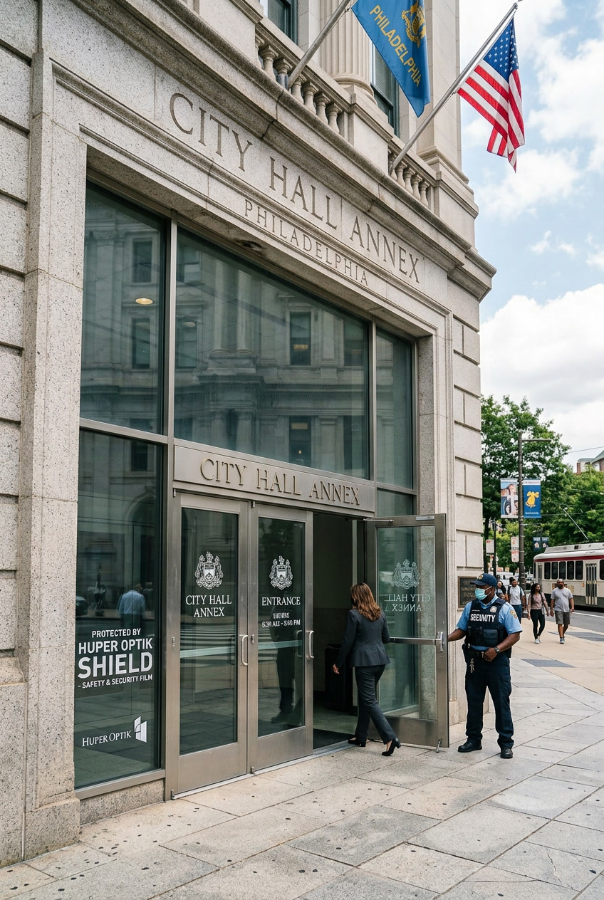 Huper Optik Shield safety film on Philadelphia government building glass