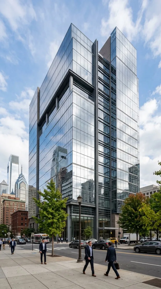 Huper Optik Traditional reflective silver window film on Philadelphia commercial building