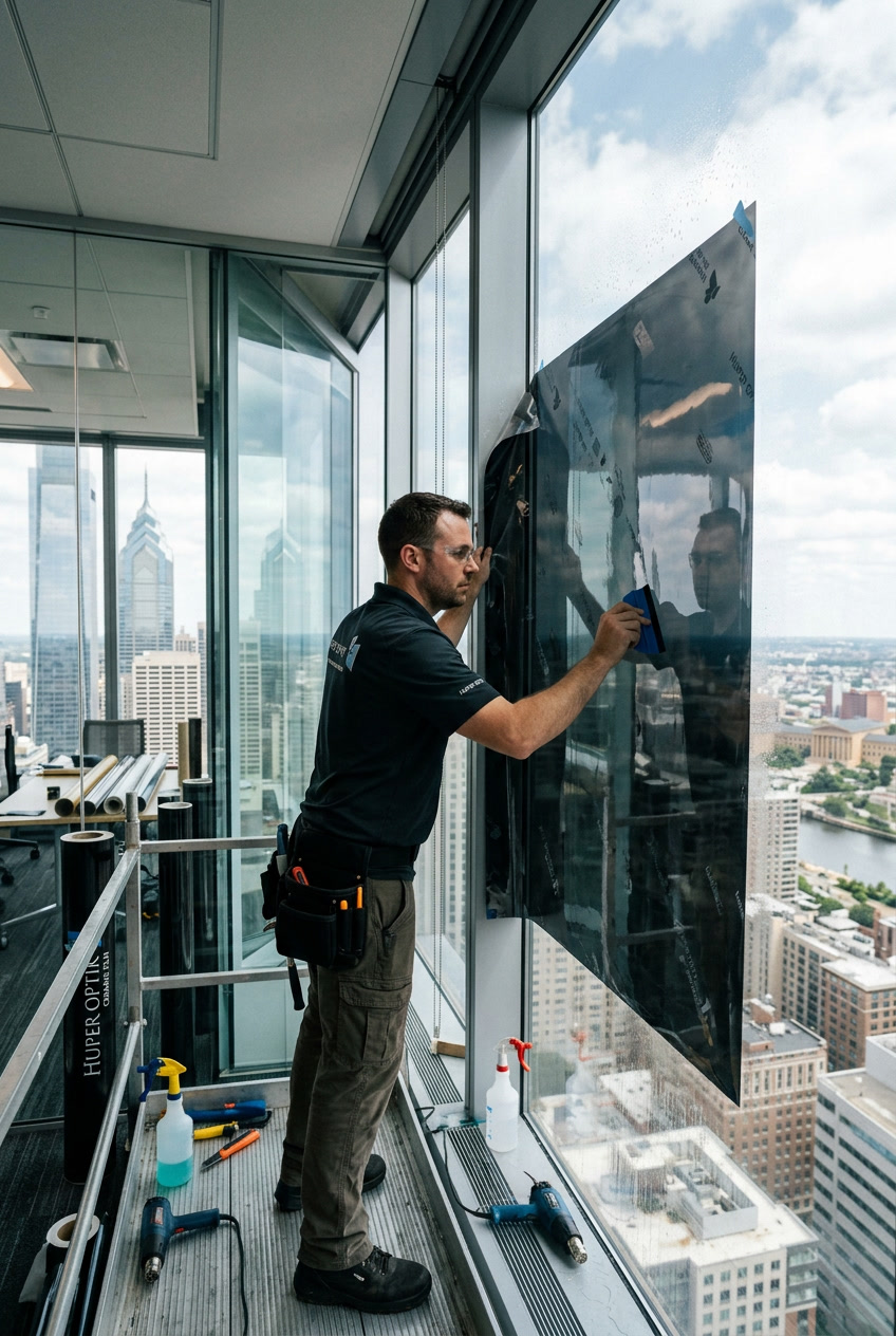 Installer applying Huper Optik ceramic window film in Philadelphia