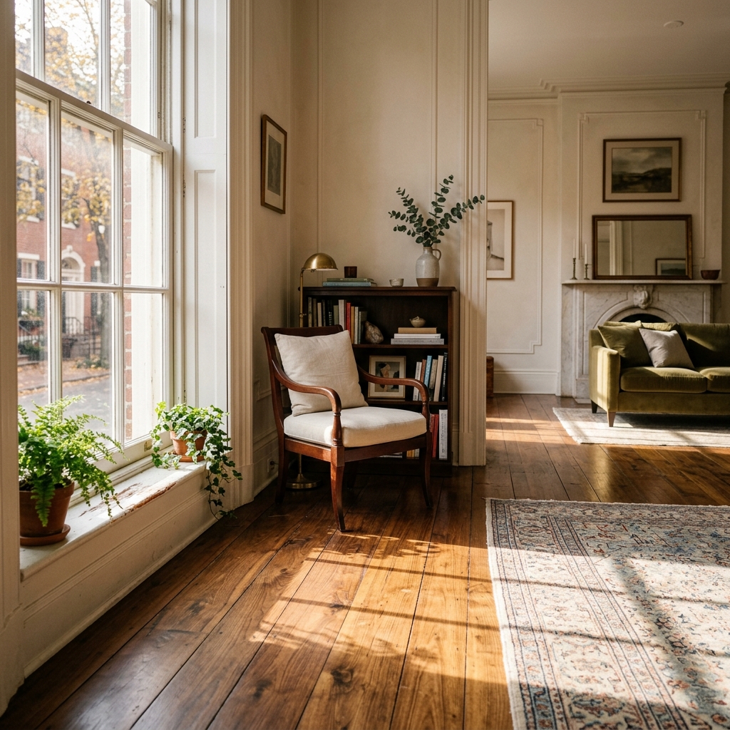 Elegant Philadelphia living room with framed artwork on walls, cream sofa, and warm afternoon window light