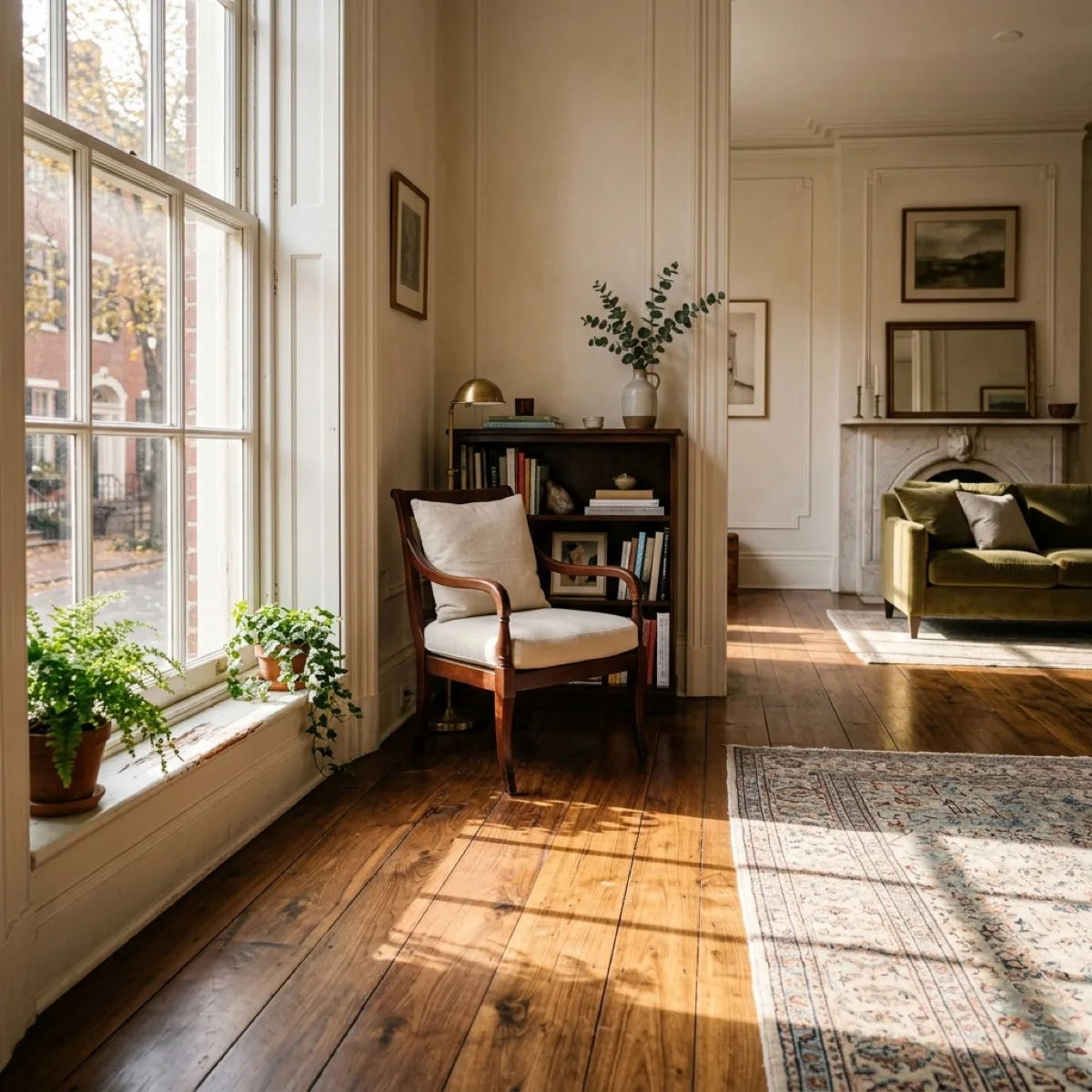 Elegant Philadelphia living room with framed artwork on walls, cream sofa, and warm afternoon window light