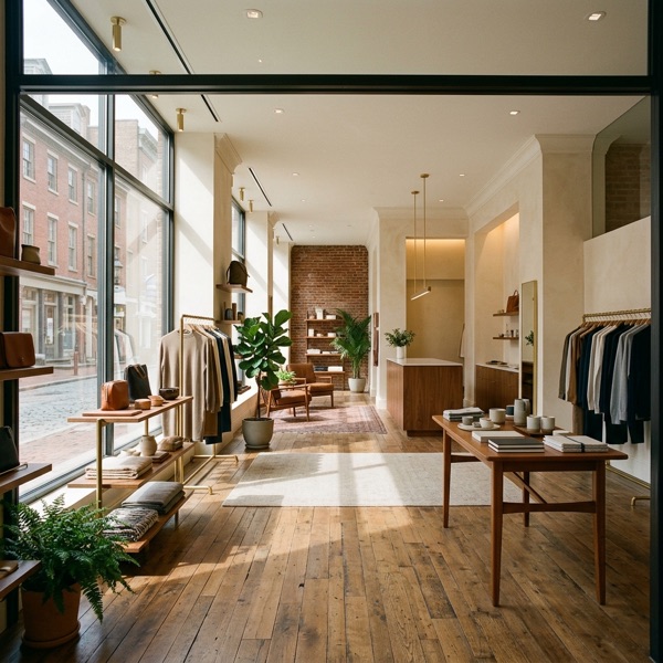 Boutique retail storefront with large windows, natural daylight, wooden shelving and merchandise