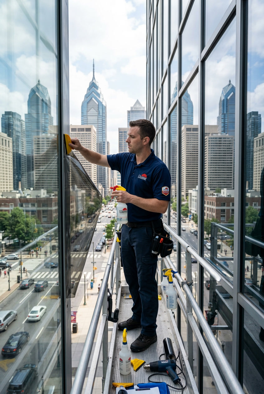 LLumar certified installer applying window film to a Philadelphia building