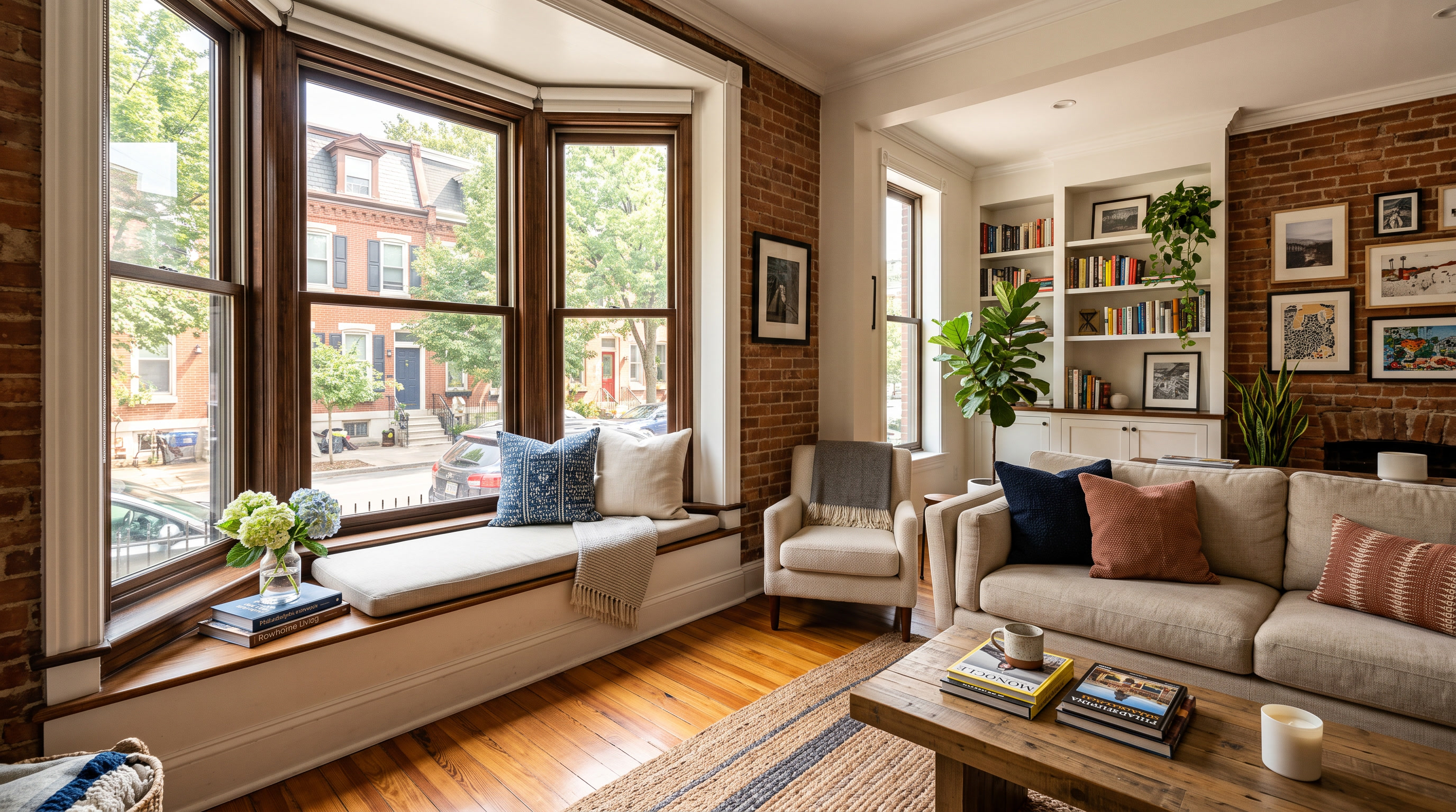 Bright Philadelphia rowhouse interior with LLumar window film on bay windows