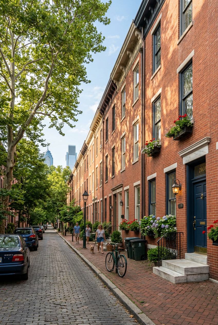 Philadelphia red brick rowhomes on tree-lined street, afternoon sun — LLumar window film helps manage heat and cold in aging glass