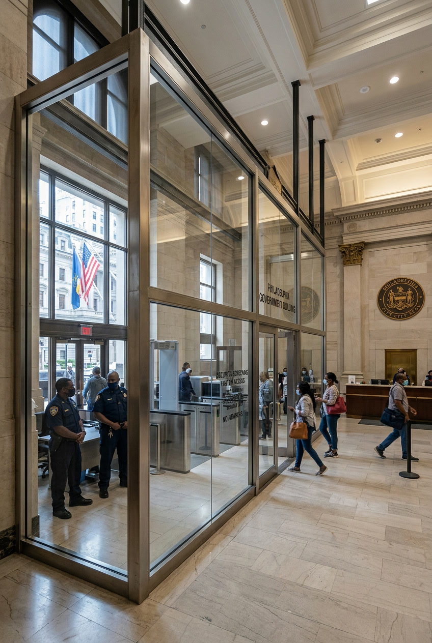Madico Clear 14 Mil safety film on Philadelphia government building glass