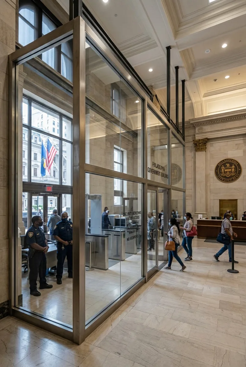 Madico Clear 14 Mil safety film on Philadelphia government building glass