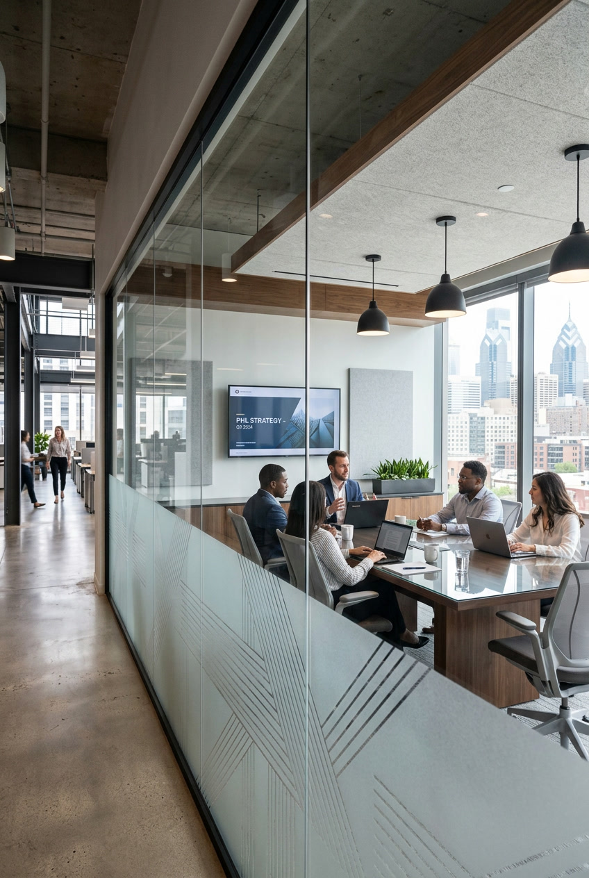 Madico decorative privacy film in Philadelphia office interior