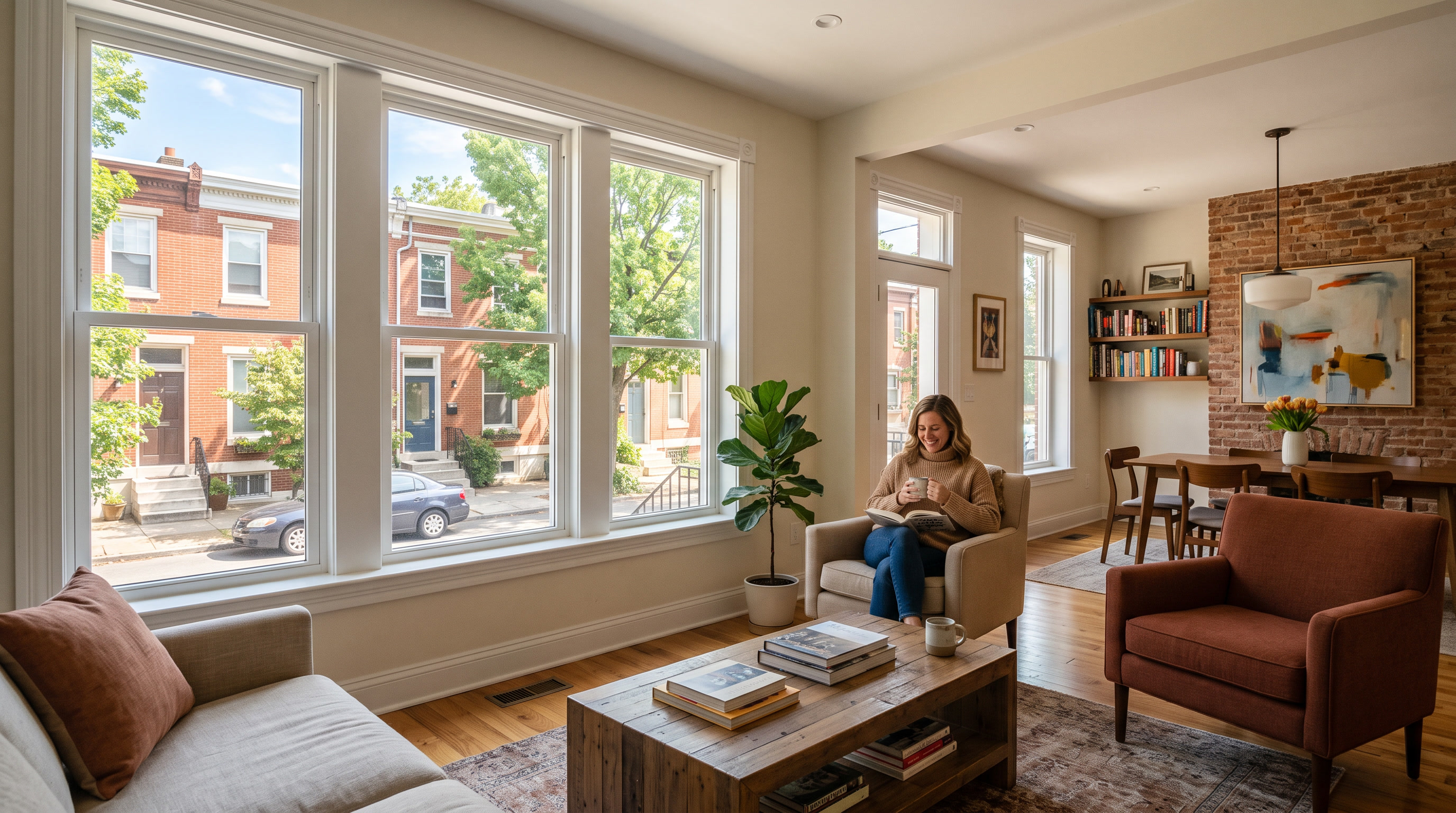 Bright Philadelphia rowhouse living room with Madico window film on bay windows