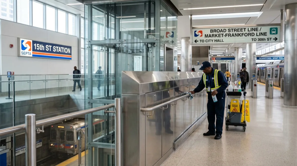Clean pristine transit station glass and stainless steel surfaces — graffiti-free Philadelphia corridor protected by anti-graffiti window film