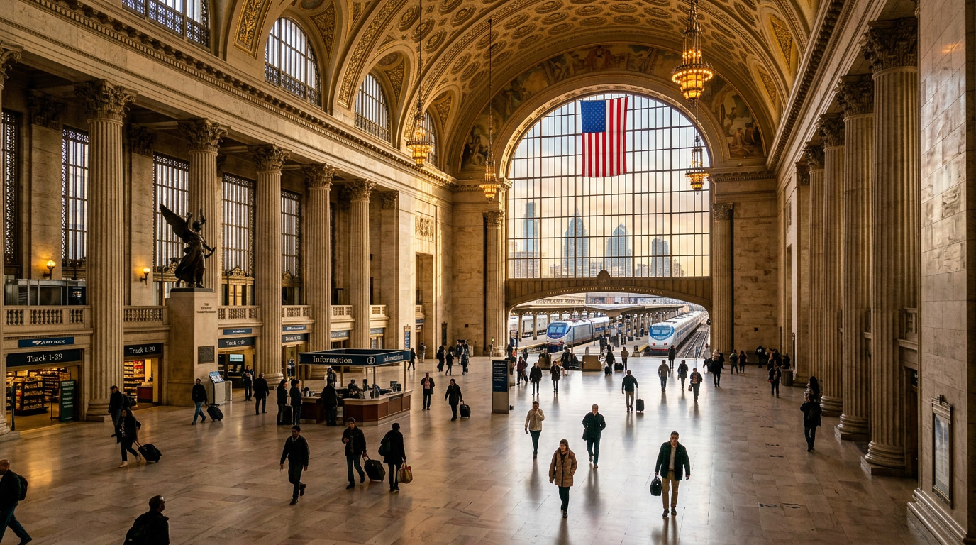 Major Philadelphia rail terminal, Beaux-Arts architecture — warm afternoon light through treated upper windows, mass transit window film case study