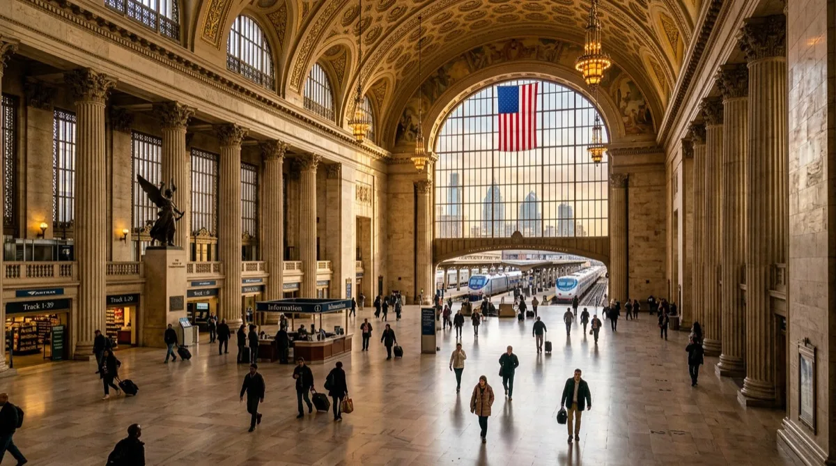Major Philadelphia rail terminal, Beaux-Arts architecture — warm afternoon light through treated upper windows, mass transit window film case study