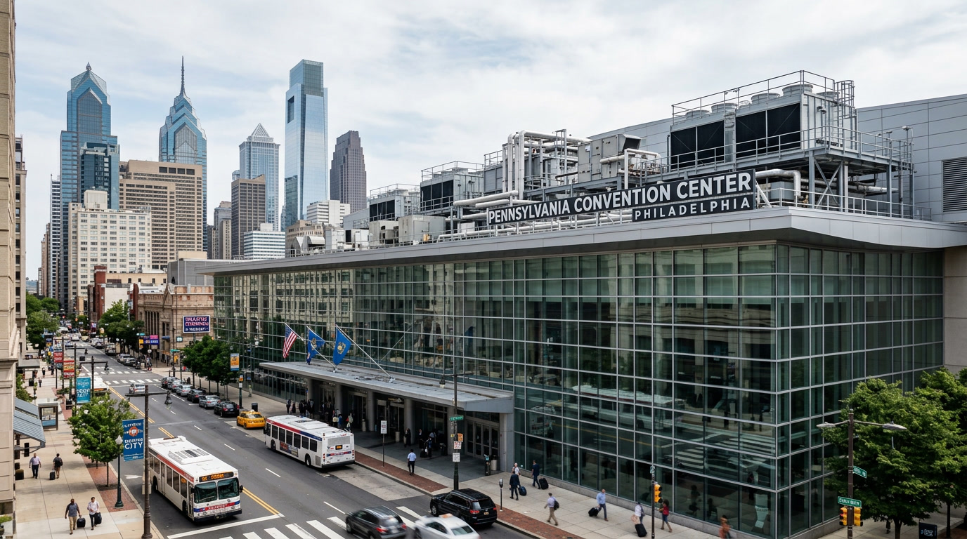 Large transit station or airport terminal exterior showing expansive glass facade — energy management and HVAC efficiency with airport window film in Philadelphia