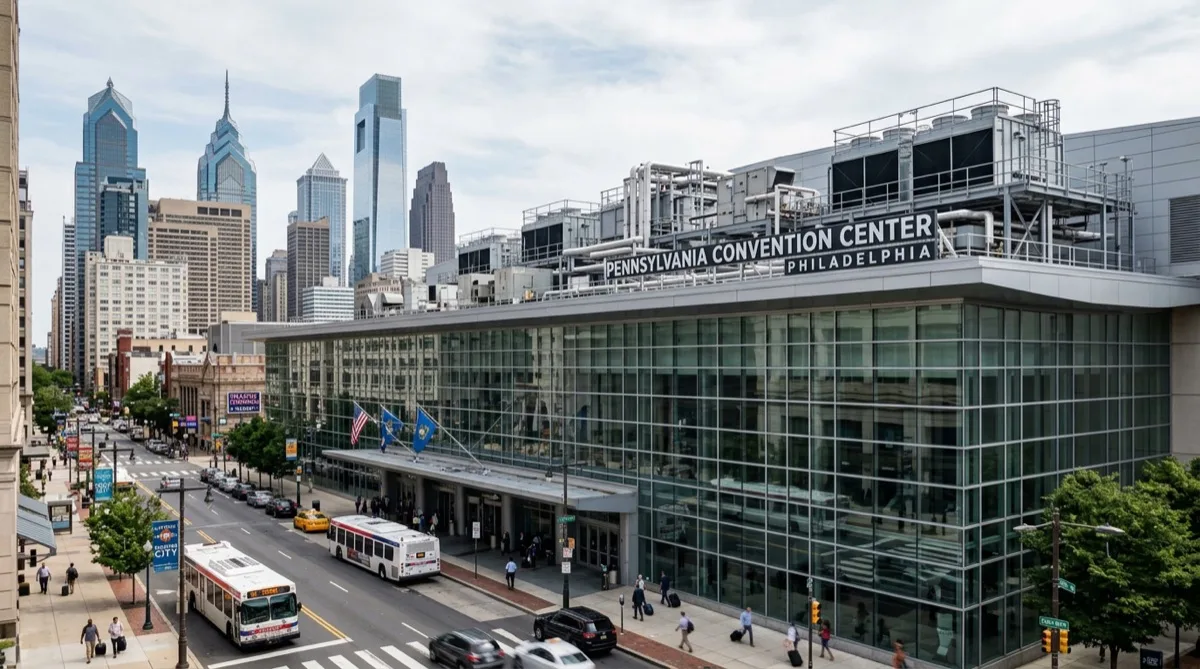 Large transit station or airport terminal exterior showing expansive glass facade — energy management and HVAC efficiency with airport window film in Philadelphia