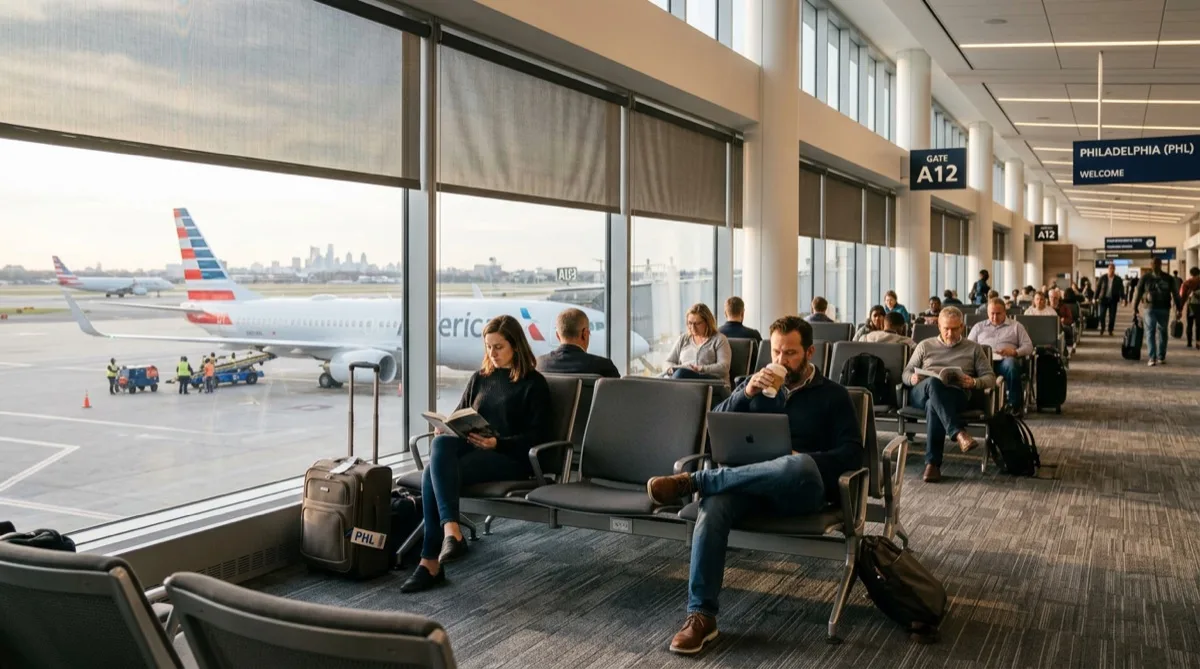 PHL airport terminal gate area seating near treated windows — passengers comfortable with airport window film in Philadelphia installed