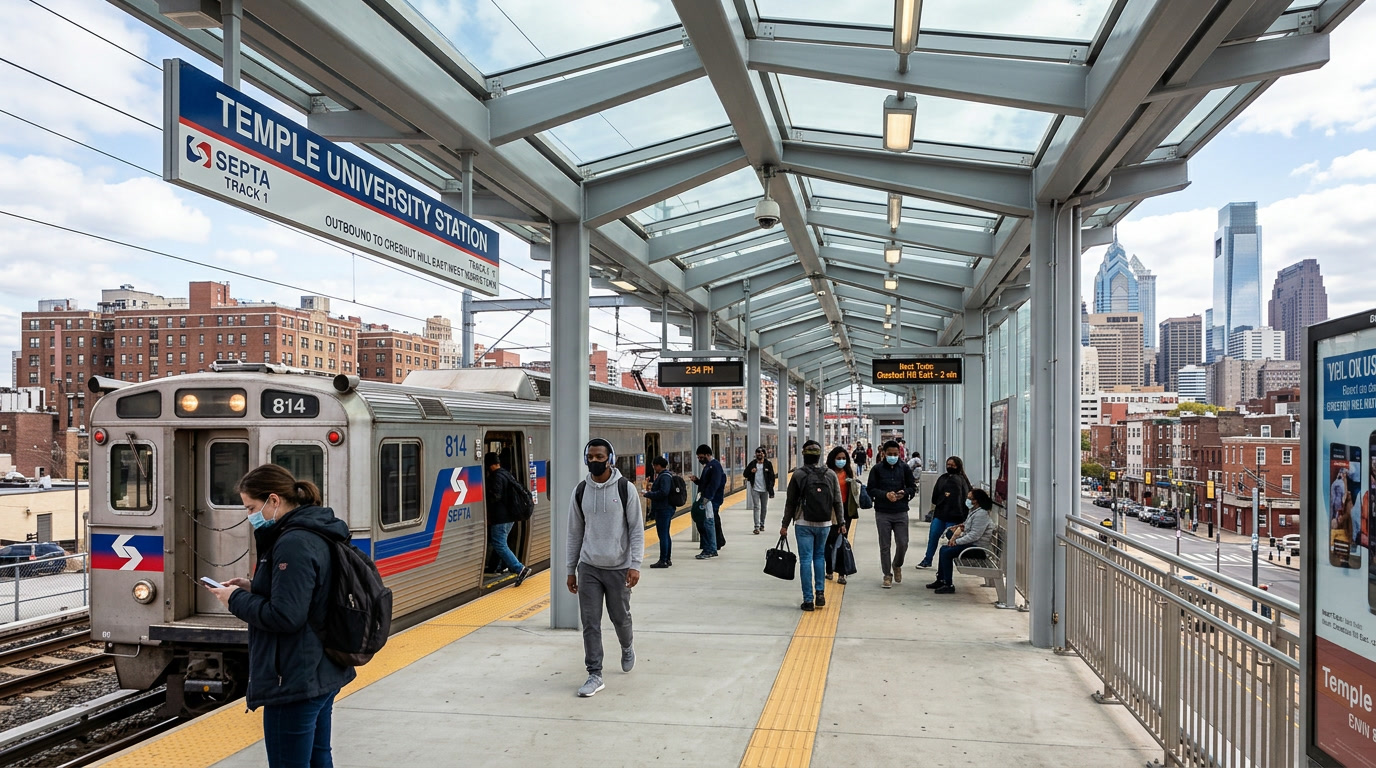 SEPTA station platform with glazed canopy — clean surfaces, urban Philadelphia, mass transit window film