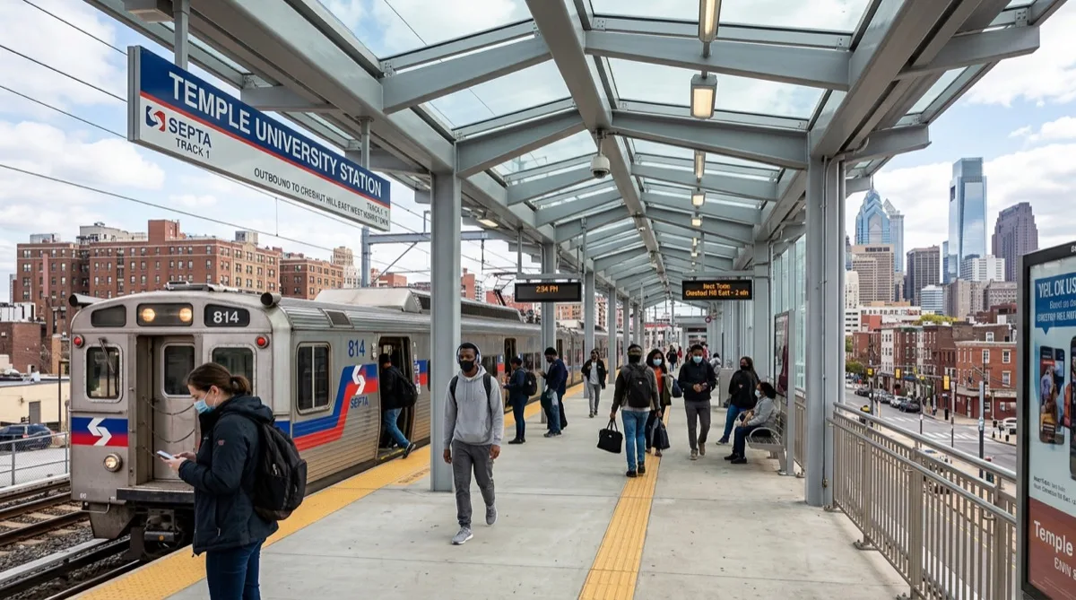 SEPTA station platform with glazed canopy — clean surfaces, urban Philadelphia, mass transit window film